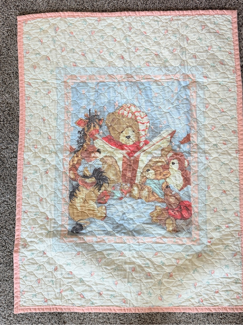 Quilted Baby Storybook Blanket in Pink and Cream